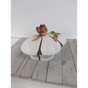 Vintage Italian Ceramic Covered Dish Bowl Tulip Spain White Basket Weave